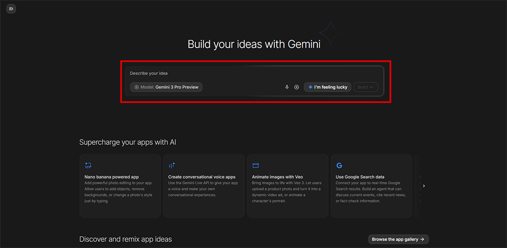Google AI Studio Build機能説明画像